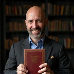 Marcus smiling with a rare book.